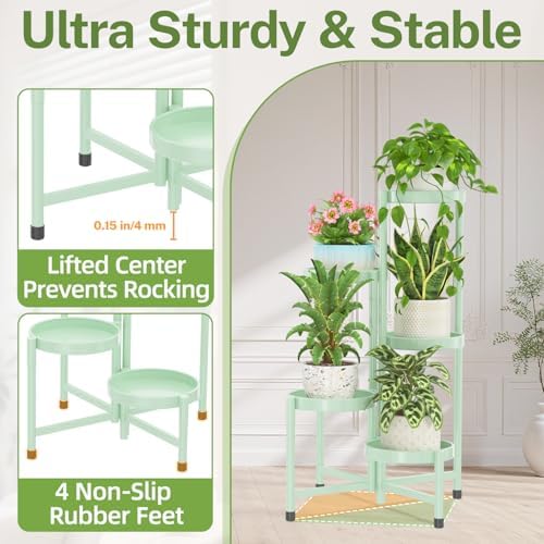 iDavosic.ly Plant Stand Indoor Outdoor, 5 Tier Metal Corner Shelf, Green