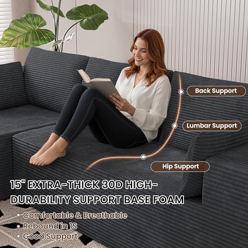 106" Cloud Sectional Boneless Couches for Living Room, Modular L Shaped Couch with Deep Seat Oversized Right Facing Chaise, Memory Foam Compressed Spineless 3 Seater Sofa for Apartment, Grey