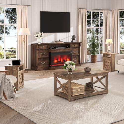 LUXOAK 3 Piece Living Room Table Set with Barn Door, Barnwood