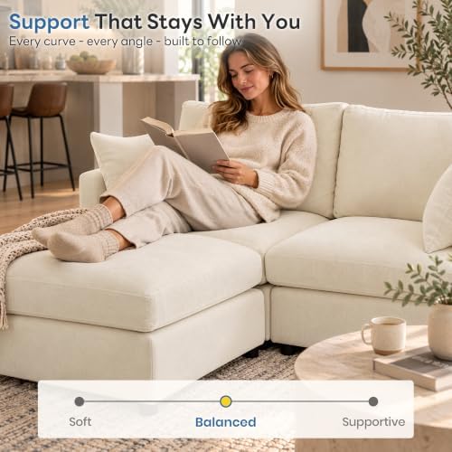 Iroomy Sectional Cloud Couch for Living Room, Spring Cushion Seating, L Shaped Convertible Modular Sofa with Ottoman, Beige