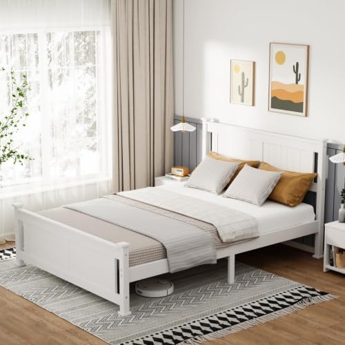 Bonnlo Full Size Solid Wood Platform Bed Frame, Panel Bed with Headboard, No Box Spring Needed Bed Base, Wood Slat Support Mattress Foundation, White