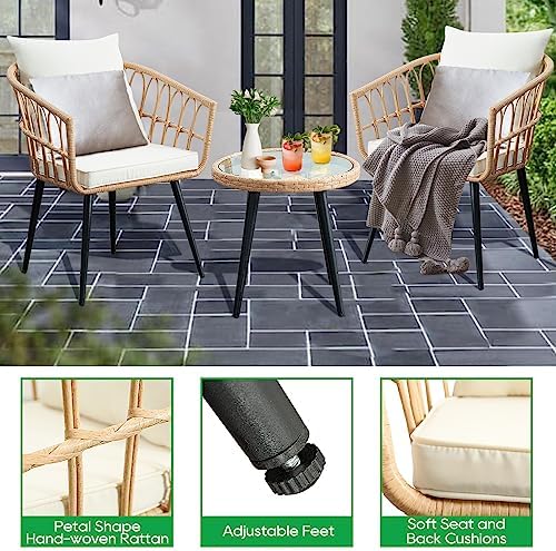 PORWEY 3 Piece Patio Bistro Set, Outdoor Wicker Balcony Furniture Sets