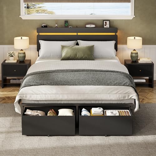 Forestell Full Size Bed Frame with Wood Headboard,2 Storage Drawers & Shelf
