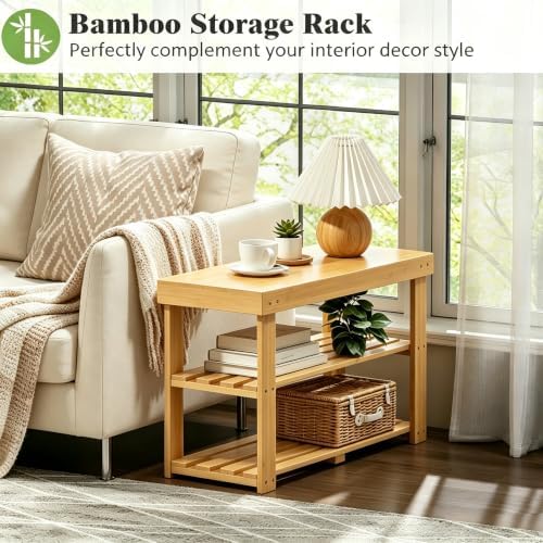 Bamboo Shoe Rack Bench 3-Tier Shoe Storage Organizer Entryway Bench for Entryway Bathroom Bedroom，Natural