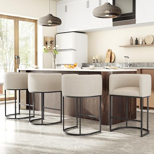 26" H Counter Height Bar Stools Set of 4, Modern Barrel Counter Stools with Backrest and Arms, Linen Fabric Upholstered Accent Barstools for Kitchen Island,Support 450 LBS (Beige)