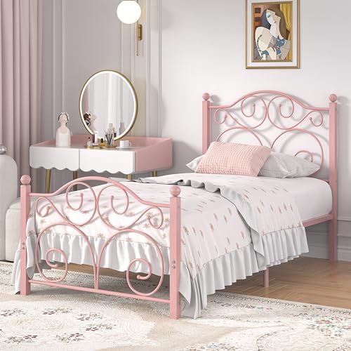 VECELO Twin Size Bed Frame with Headboard and Footboard, Heavy Duty Metal Slat Support, Platform Mattress Foundation, No Box Spring Needed, Easy Assembly, Light Pink