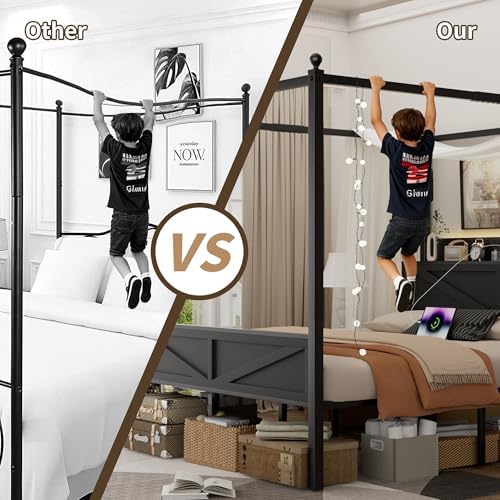 Canopy Bed Frame Full Size with Storage Headboard, Black
