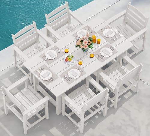 SERWALL 7 Pcs Outdoor Dining Set, 67" HDPE Dining Set for 6, White