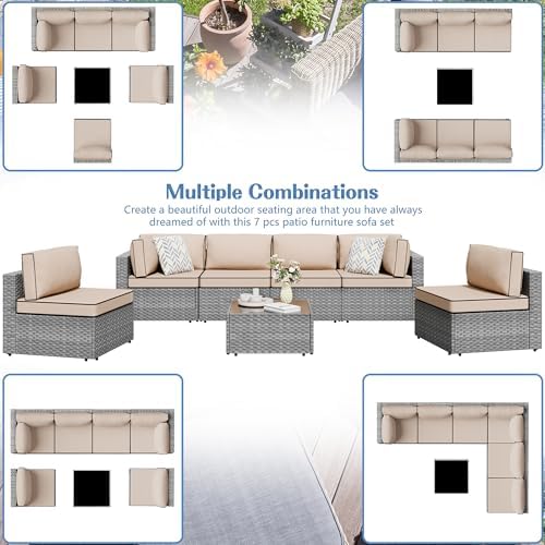 Shintenchi 7 Piece Outdoor Patio Furniture Set with Silver PE Rattan, Khaki