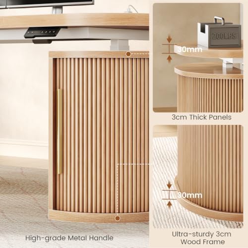 SEDETA 57" Standing Desk with Storage, Electric Height Adjustable Executive Fluted Desk with Curved Cabinets, Computer Desk with Power Strip for Home Office, Light Oak