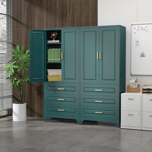 SteeLoong 75" Metal Storage Cabinet with Doors and 2 Adjustable Shelves | Kitchen Pantry Cabinet with 3 Drawers,Green Kitchen Cabinet with 2 Gold Handles,Food Cupboard for Livingroom,Pantry, Bathroom