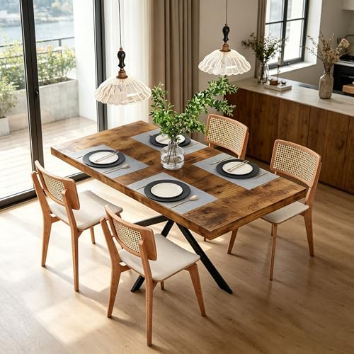 Extendable Dining Table for 4-6 People, 55" to 71" Expandable Table with Hidden Storage Drawer and Black Metal Base, Modern Rectangular Kitchen Dining Table, Brown