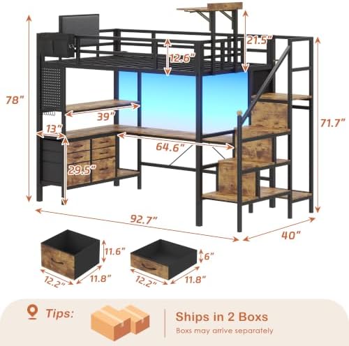 Dnxao Twin Loft Bed with Desk, 6 Drawers & Foldable Bed Table, Rustic Brown