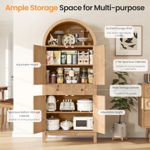 Apicizon 70" Tall Arched Kitchen Pantry Cabinet, 6-Tier Modern Fluted Wood Storage Cabinet with Doors Drawer & Adjustable Shelves, Farmhouse Cupboard Organizer for Dining Room, Bathroom, Natural