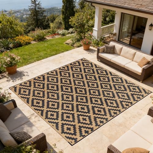 SAND MINE Reversible Mats, Plastic Straw Rug, Modern Area Rug, Large Floor Mat and Rug for Outdoors, RV, Patio, Backyard, Deck, Picnic, Beach, Trailer, Camping, Black & Brown, 10' x 10'