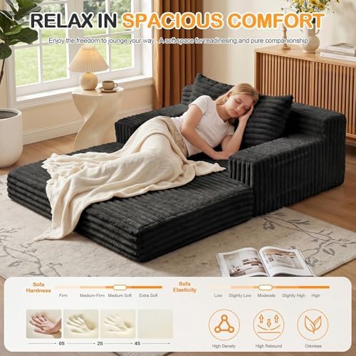 Erament Boneless Loveseat Convertible Sofa Bed, Folding Floor Futon Sleeper Sofa Couch Bed- Boneless Foldable Couch, Corduroy Pull Out Sofa Bed with 2 Pillows for Living Room & Bedroom