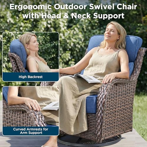 Luxury 5 Pieces Patio Furniture Set-Outdoor Swivel Rocker Patio Chairs with 6" Thick Cushions, Swivel Rocker Chairs with Ottomans & Side Table, Outdoor Conversation Sets for Porch Deck(Brown/Blue)