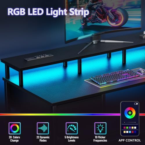 Korfile 55 Inch Gaming Desk with Power Outlets and LED Lights, Reversible Computer Desk with 5 Fabric Storage Drawers, Home Office Desk with Monitor Stand for Working Writing Study, Carbon Fiber Black