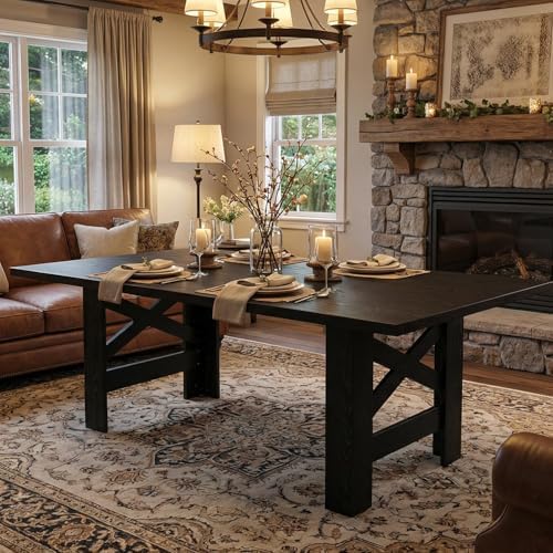 Garvee Wood Farmhouse Dining Table for 6-8, Heavy Duty Large Kitchen Table, 70.87" Long Rectangular Dining Room Tables with Strong Legs, Thickness Tabletop, for Big Family, Dinette, Rustic Black