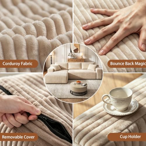 96" L-Cloud Sectional Boneless Couches for Living Room, Corduroy Fabric Modular Sectional Sofa with Chaise, Cloud-Couch Deep Seat Sofa, No Assembly Required, Camol