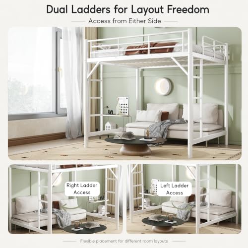 Bellemave Full Loft Bed, Metal Round Pipe, Dual Ladders, Save Space, White