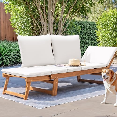 Devoko Outdoor Couch Acacia Wood Outdoor Sofa Balcony Furniture (White)