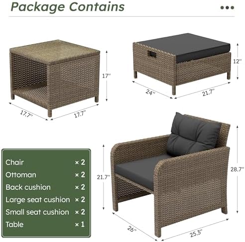 LHBcraft 5 Piece Patio Furniture Set, PE Wicker Outdoor Furniture Set with Soft Cushions & Coffee Table, Outdoor Lounge Chairs with Ottoman for Porch, Lawn, Balcony, Sand-Black