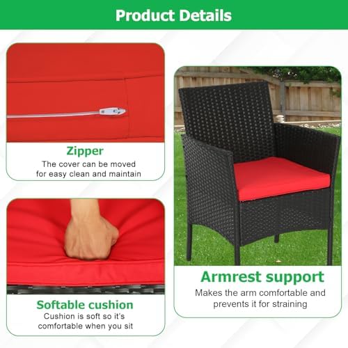 FDW 3-Piece Patio Furniture Set | Black & Red | Outdoor Wicker Furniture