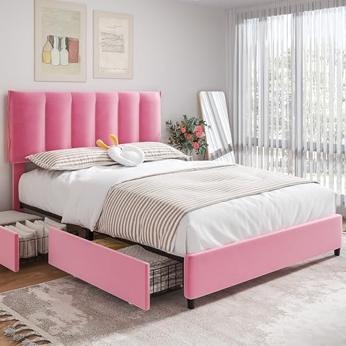 VECELO Queen Upholstered Bed Frame with 4 Storage Drawers and Adjustable Velvet Headboard, Heavy-Duty Platform bedframe, No Box Spring Needed, Pink
