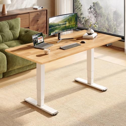 SANODESK Solid Rubberwood Standing Desk Dual Motor 63"x24" Natural/White