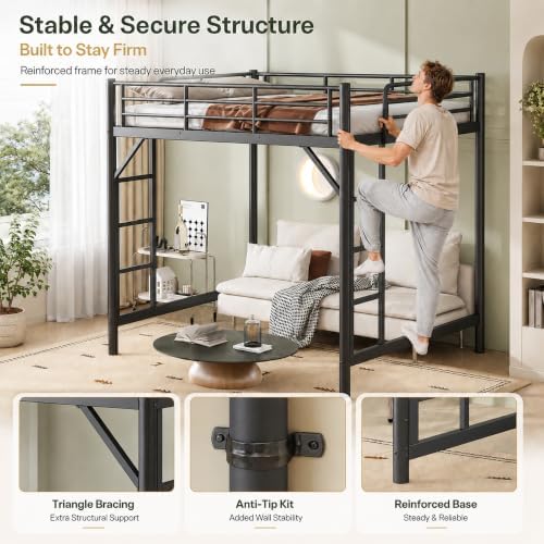 Bellemave Full Loft Bed, Metal Round Pipe, Dual Ladders, Save Space, Black