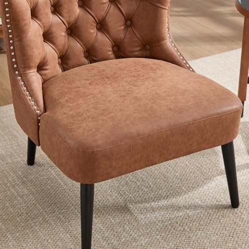 Kmax Accent Chairs Set of 2, Leather Slipper Chairs with Button Tufted Wingback, Armless Living Room Chairs with Nails Modern Side Chairs for Bedroom Reception Small Space - Pu Brown, Black Legs
