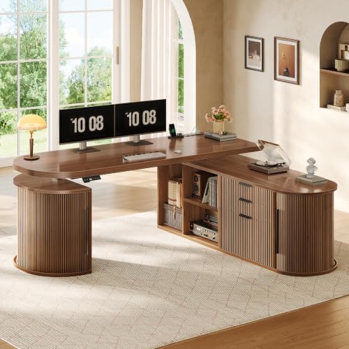 SEDETA 57" L Shaped Standing Desk with Storage, Electric Height Adjustable Curved Executive Desk, Fluted Desk with Drawers & Power Strip for Home Office, Brown