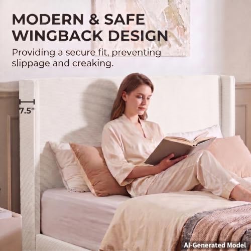 King Bed Frame with Storage Drawers, Corduroy Bed with Headboard, Cream