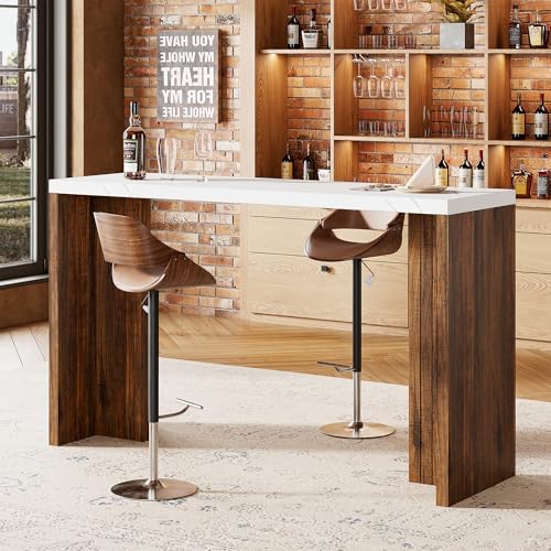 Bar Table for 4-6 People - 55” Long Counter Height Pub with Extra Thickened Tabletop, Modern Rectangular Home Bar Coffee Unit for Kitchen, Dining Room, Balcony, Living Room, Basement, White+Walnut
