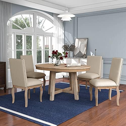 LUMISOL Round Dining Table Set for 4, Farmhouse Kitchen Table Set with Round Extendable Dining Table and 4 Upholstered Dining Chairs, Natural Wood Wash