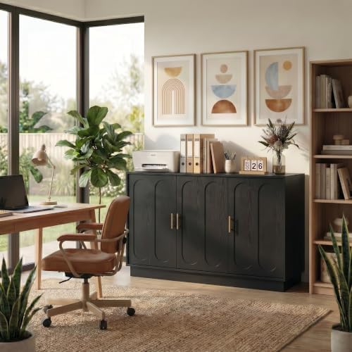 holzart 46.6" Modern Farmhouse 3 Door Storage Cabinet, Black Sideboard Buffet with Gold Handles, Large Fluted Wood Credenza for Dining Room, Living Room, Coffee Bar