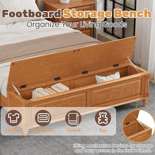 Queen Bed Frame with 53" Tall Headboard and Storage Bench, Solid Wood Queen Size Platform Bed with 64" Footboard Storage Chest,Heavy Duty Slats System,No Box Spring Needed, Natural