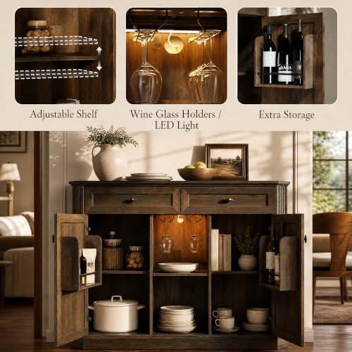 Walnut Coffee Bar with 2 Drawers & 2 Doors, LED Wine Bar Cabinet with Wine Glasses, Coffee Station with Built-in Outlets, Buffet Cabinet Sideboard with Extra Storage for Living Room Kitchen Entryway