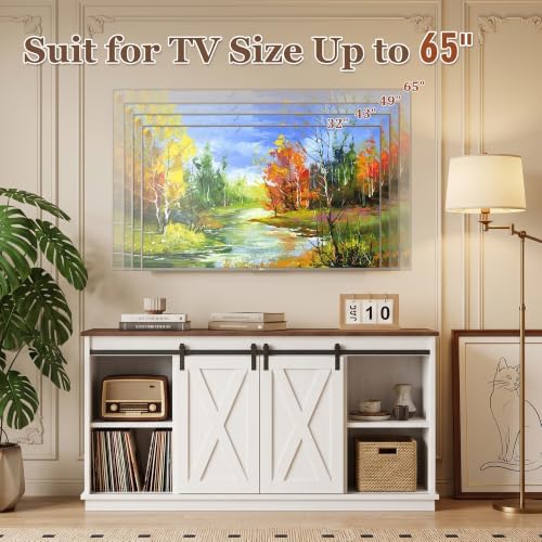 Farmhouse TV Stand for 65 Inch TV, Entertainment Center with Storage, White