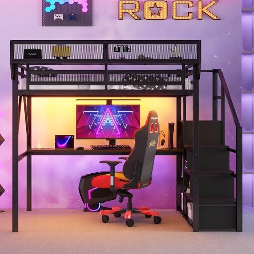 KEIKI Queen Size Metal Loft Bed Frame with Desk, Staircase, Built-in Storage Shelves and Wardrobe, Modern Loft Bed with Solid Slat, Guardrail, No Box Spring Required, Easy Assembly, for Bedroom, Black