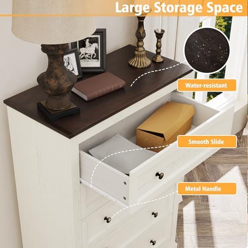 KIGOTY Farmhouse Bedroom Set, 3 Pcs Dresser and Nightstand Sets, 5 Drawer Dresser & 2 Drawer Nightstand Set with Charging Station,Rustic Wood Bedroom Furniture Set for Home