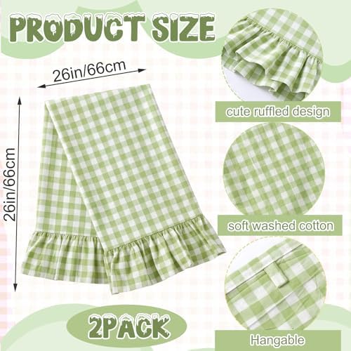 HunnmingRe 2 Pcs Mint Green Gingham Kitchen Towels Cotton Ruffled