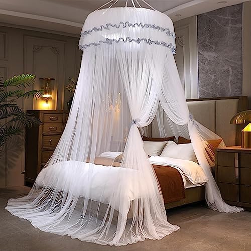 Kertnic Mosquito Net Bed Canopy for Girls, Princess Canopy Bed Curtain Fine Sheer Mesh Dome Bed Canopies, Girls & Adults Lace Tent for Twin Full Queen King Bed (White)