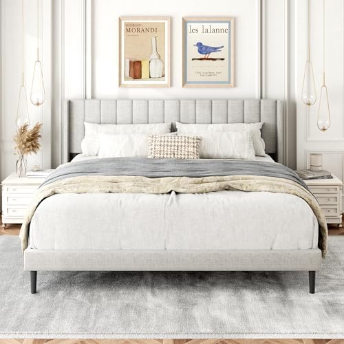 Gruwans King Size Bed Frame with Upholstered Wingback Headboard, Easy Assemnly Platform Bed, Wooden Slat Support No Box Spring Needed, Sand