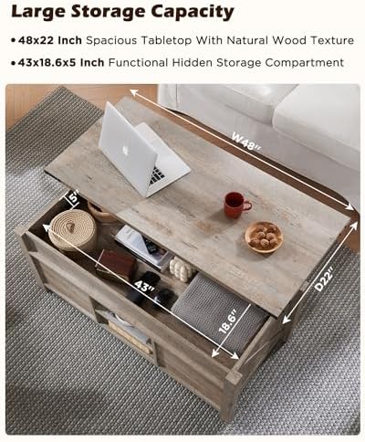 OKD 48" Farmhouse Lift Top Coffee Table Sliding Barn Door, Light Rustic Oak