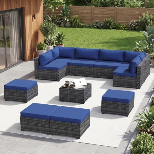Aoxun Patio Furniture Sets, 11-Piece Outdoor Furniture with Ottoman, Wicker Conversation Set Sectional Sofa for Backyard, Poolside, Garden