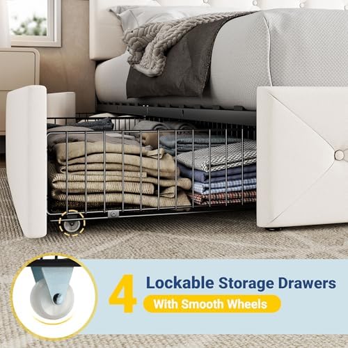 Allewie King Size Storage Bed Frame with 4 Underbed Drawers, Upholstered Platform Bed with Adjustable Headboard, Diamond Button Tufted, Easy Assembly, Noise-Free, No Box Spring Needed, Soft White