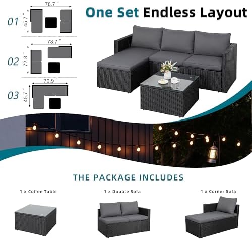 SUNLEI Patio Furniture Set with Detachable Soft Cushions, Outdoor PE Rattan Patio Conversation Sofa Set, 3-Piece Patio Sectional Sofa with Glass Coffee Table (Black Rattan&Charcoal)