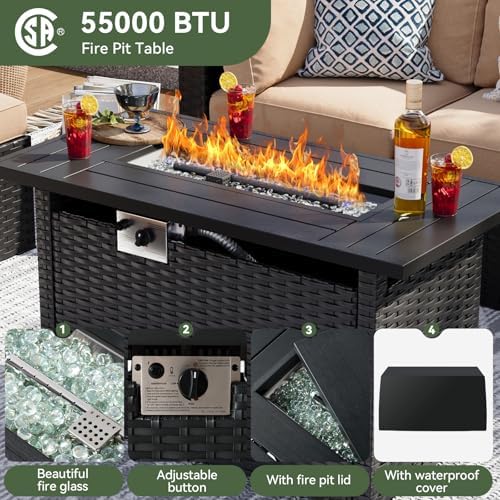 Aoxun 15 Piece Patio Furniture Set with 44” Fire Pit Table Wicker Rattan Patio Sectional Sofa Set Outdoor Seating Furniture with Thickened Cushion, Beige